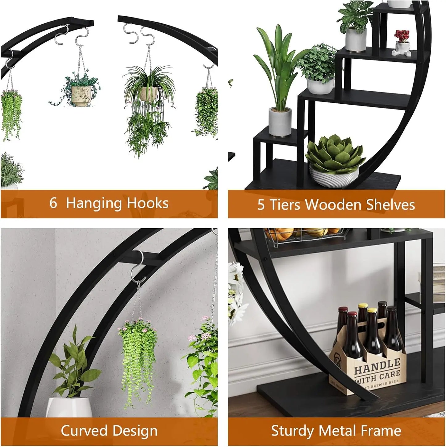 HiMISS 5 Tier Metal Plant Stand Half Moon Indoor Plant Shelf With Hooks