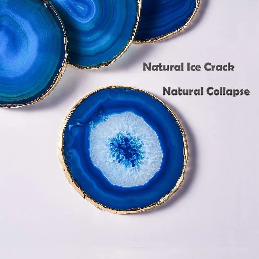 Blue Agate Coasters Set Of 4 With Luxurious Gold Rim