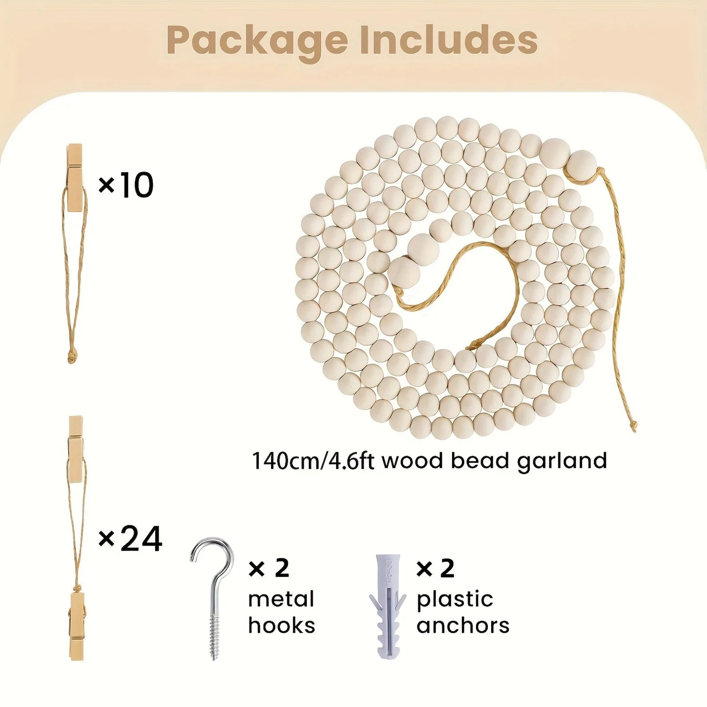 Wooden Bead Garland Hanging Photo Display Boho Wall Decor