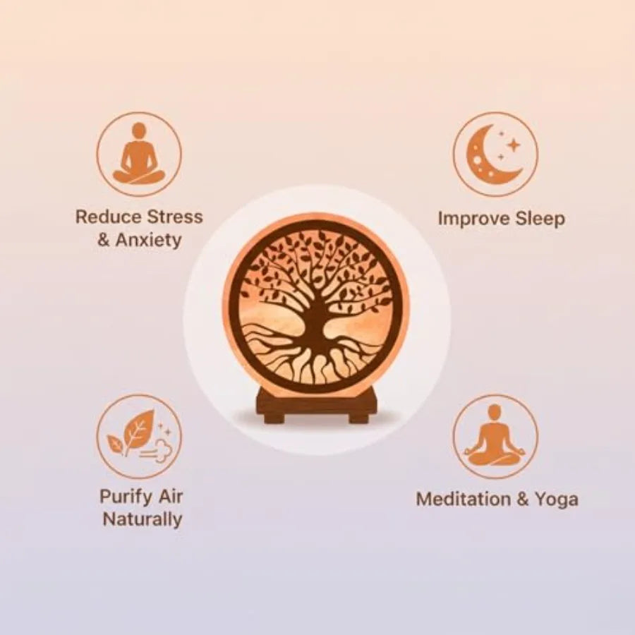 Himalayan Salt Lamp With Tree Of Life Design On Wooden Base