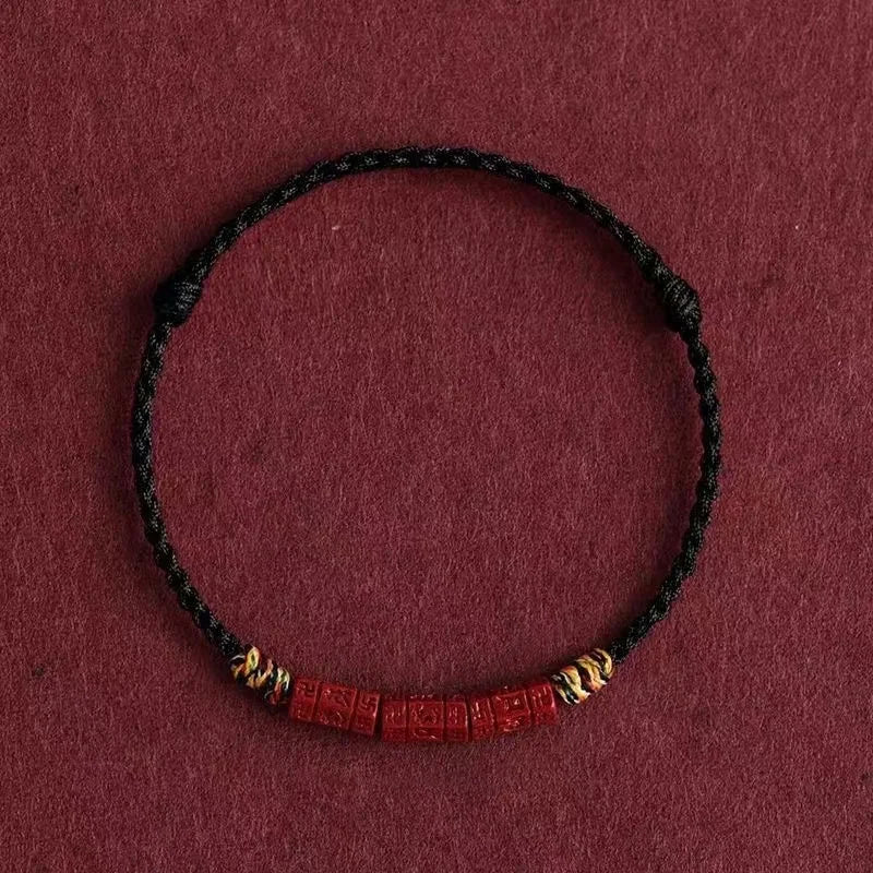 Handmade Natural Cinnabar Beads Bracelet Adjustable Rope Chain