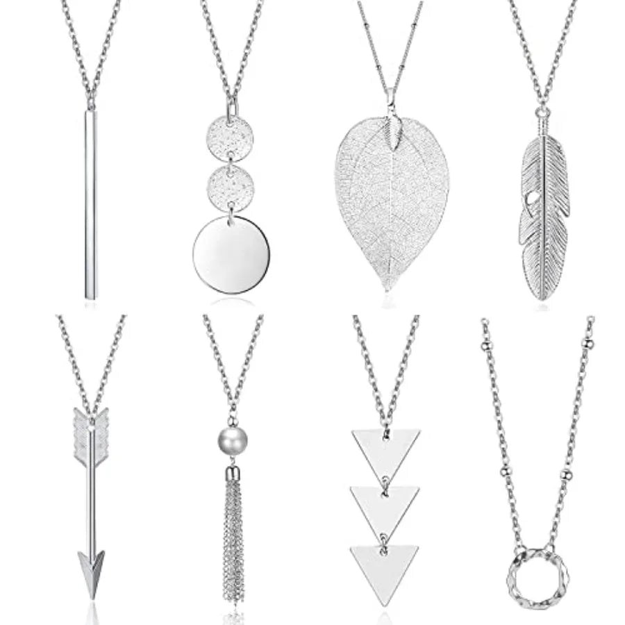 Long Pendant Necklace Set With Tassel Y Shape Feather Motifs