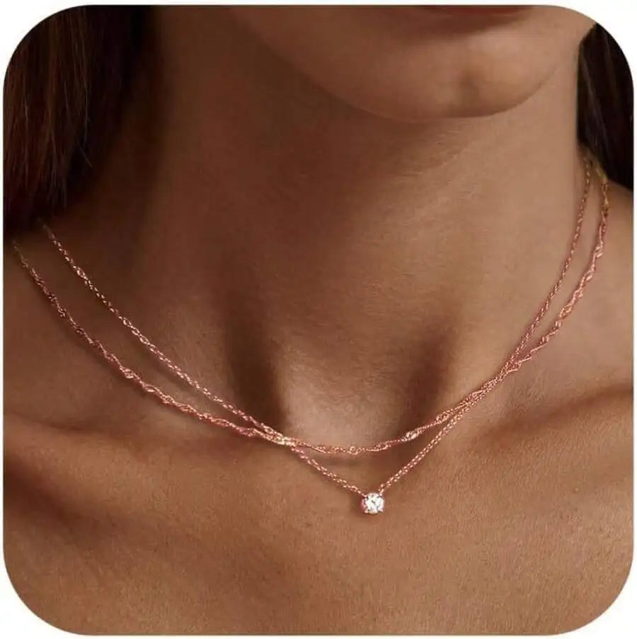 Layered CZ Pendant Necklace With Star And Crystal Charms