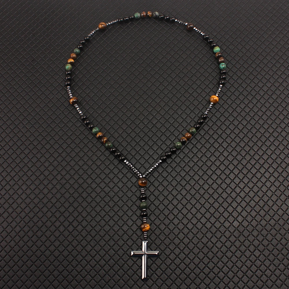 Natural Stone Africa Turquoise And Tiger Eye Beads Cross Necklace