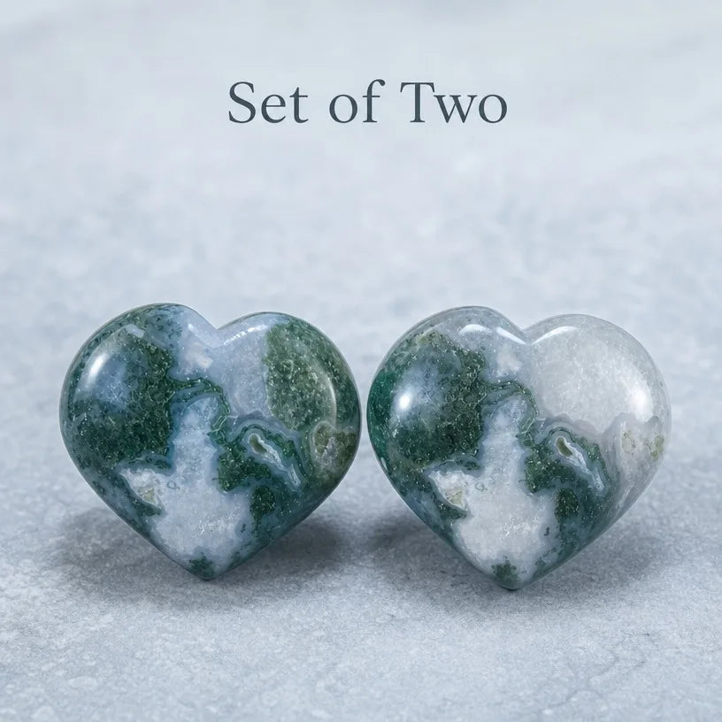 Natural Water Grass Agate Heart Desktop Ornament Pair