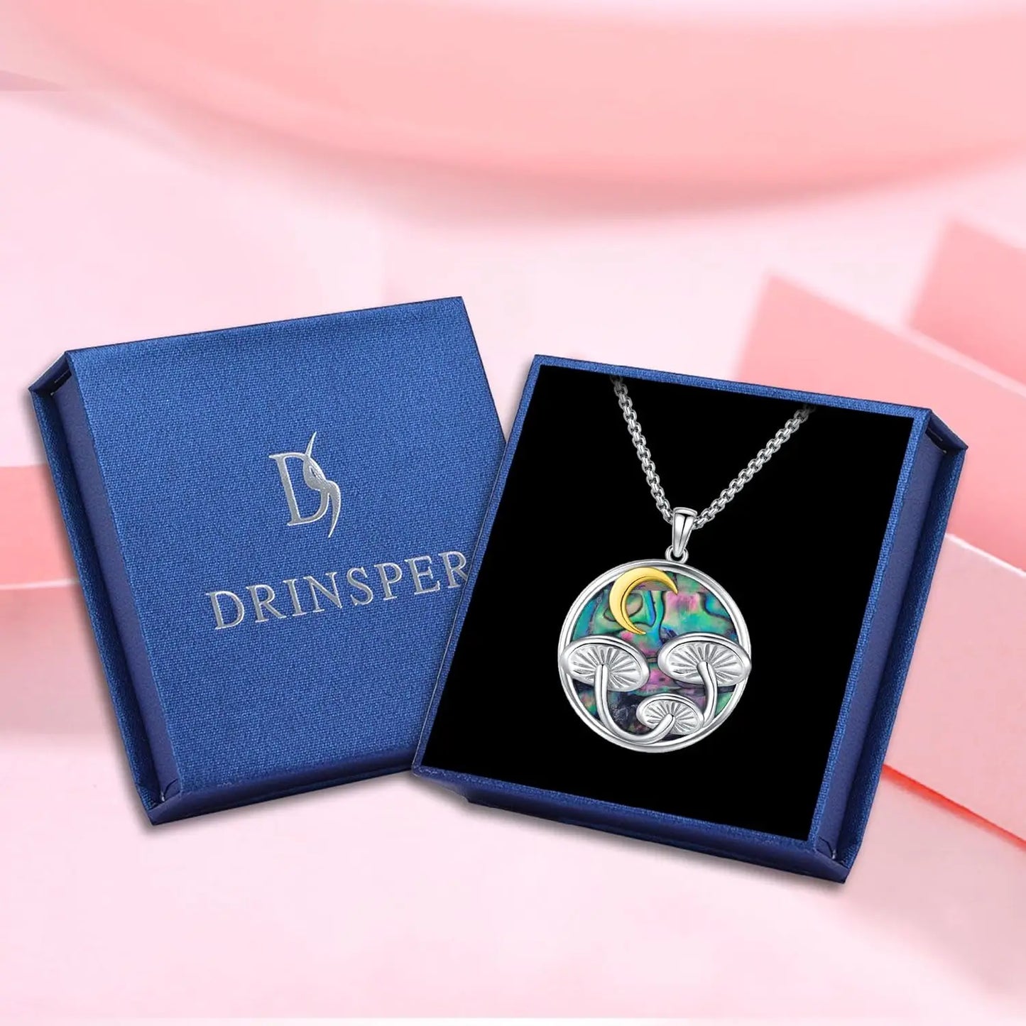 DRINSPER Mushroom Necklace 925 Sterling Silver Abalone Moon Pendant