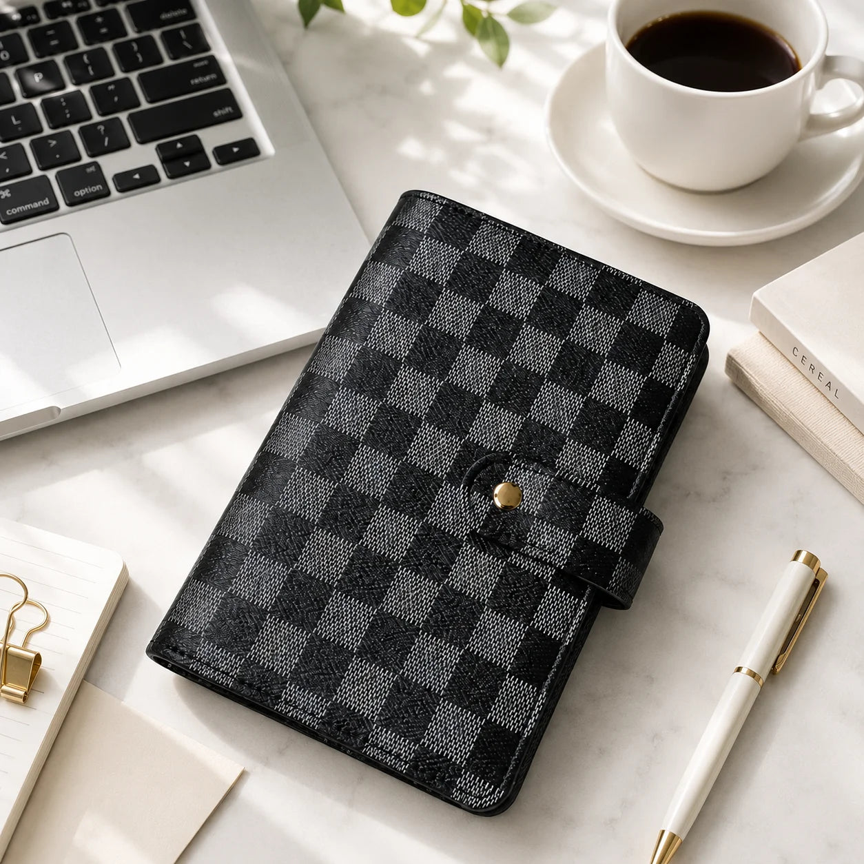 Checkered Leather Binder Cover for Travel Journal and Organizer