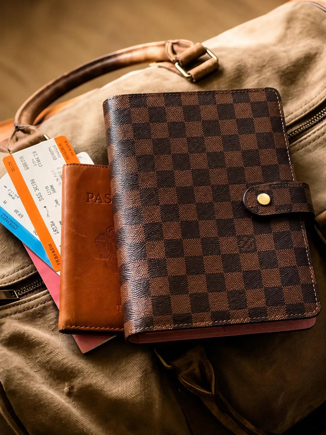 Checkered Leather Binder Cover for Travel Journal and Organizer
