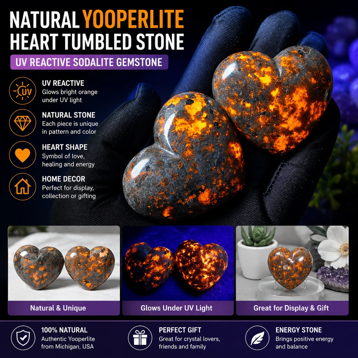 Natural Yooperlite Heart Stone UV Reactive Glowing Gemstone Crystal