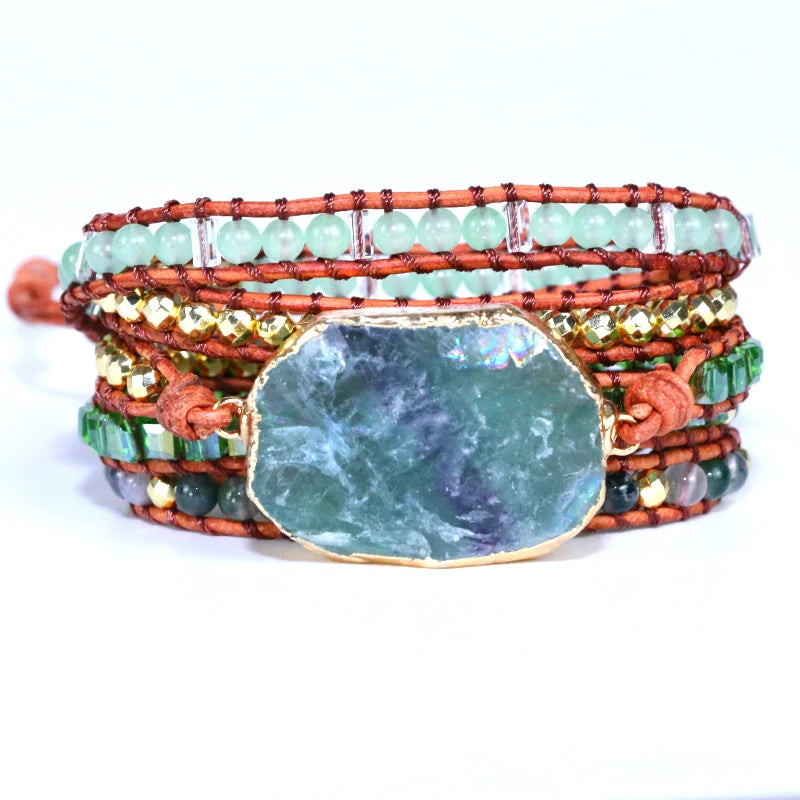 Fervent Natural Green Crystal Quartz Wrap Bracelet Leather