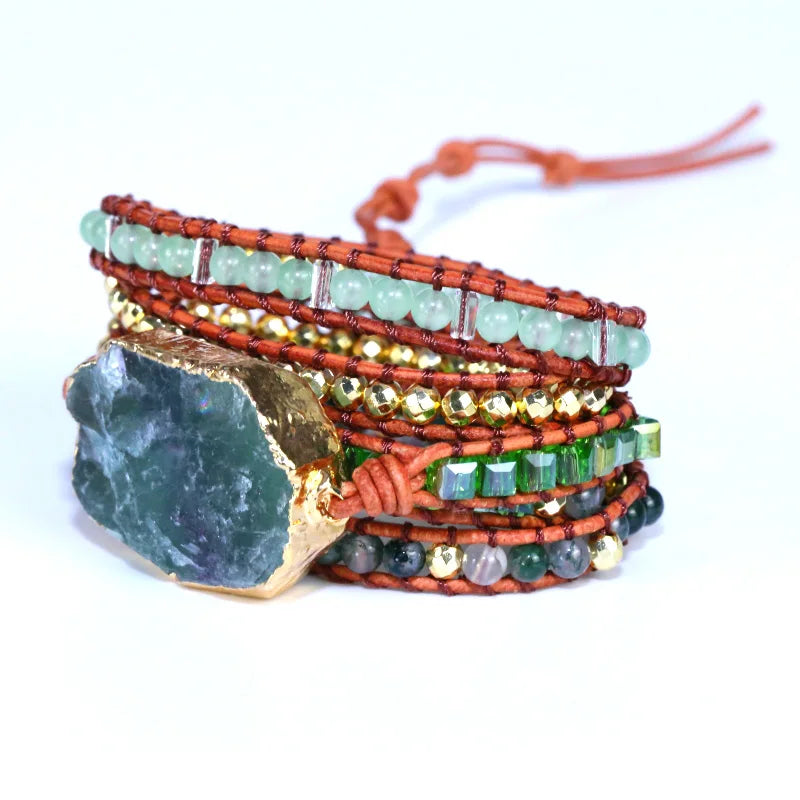 Fervent Natural Green Crystal Quartz Wrap Bracelet Leather