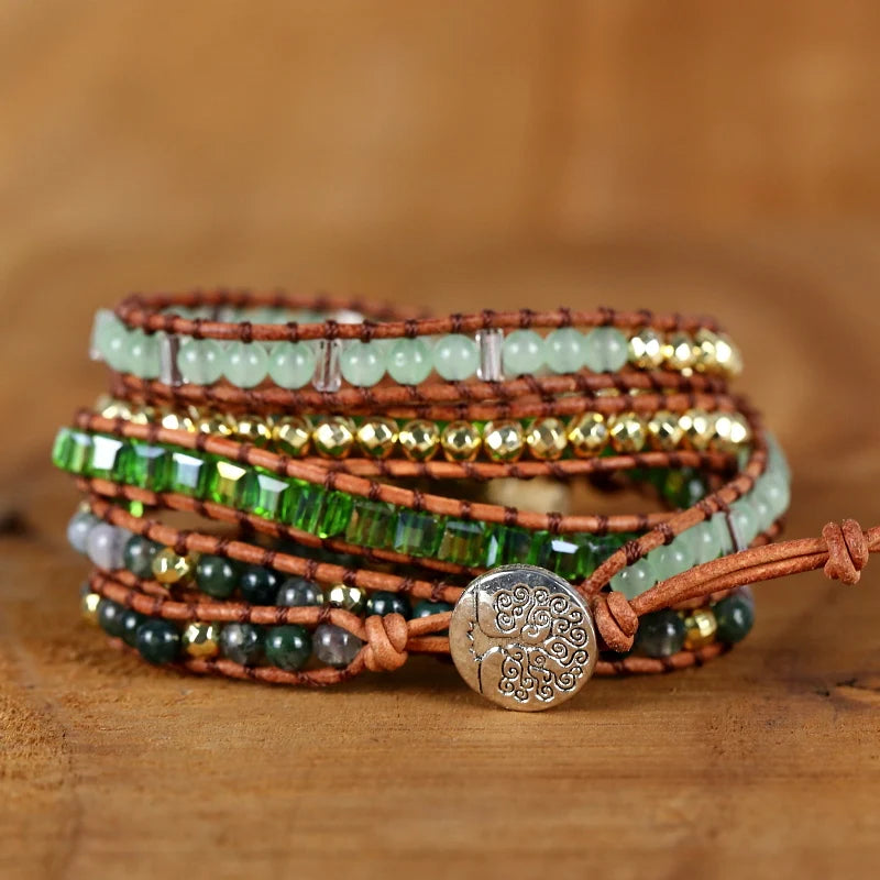 Fervent Natural Green Crystal Quartz Wrap Bracelet Leather