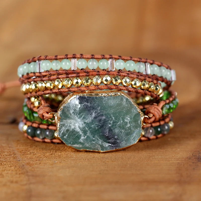 Fervent Natural Green Crystal Quartz Wrap Bracelet Leather