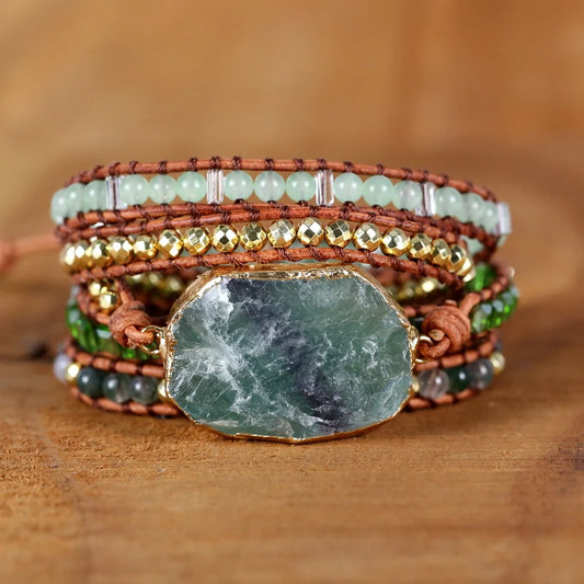 Fervent Natural Green Crystal Quartz Wrap Bracelet Leather