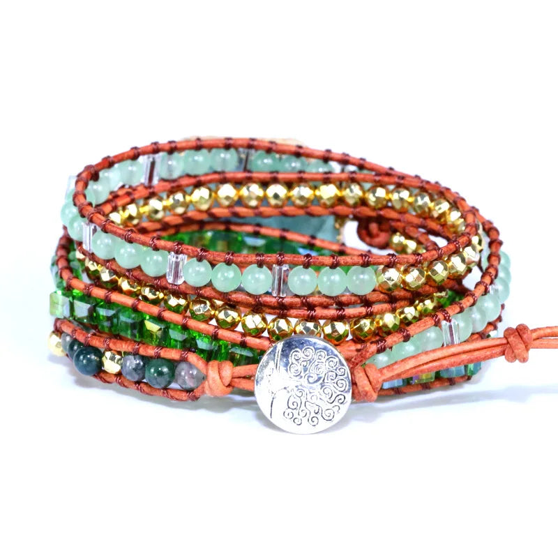 Fervent Natural Green Crystal Quartz Wrap Bracelet Leather
