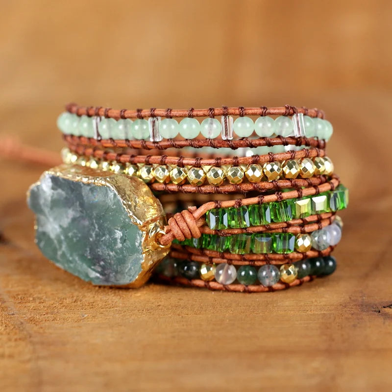 Fervent Natural Green Crystal Quartz Wrap Bracelet Leather