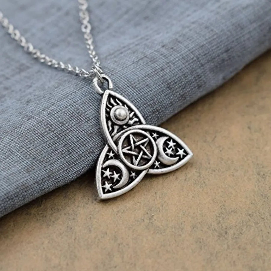 Triple Moon Goddess Triquetra Pentacle Necklace Stainless Steel