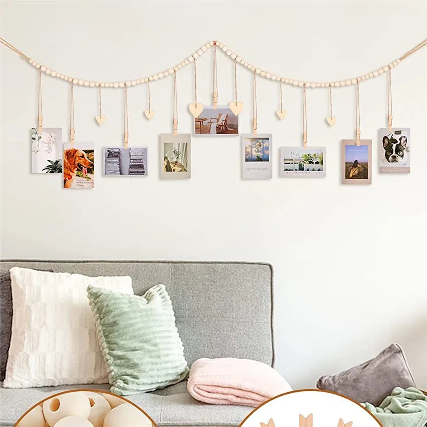 Wooden Bead Garland Hanging Photo Display Boho Wall Decor