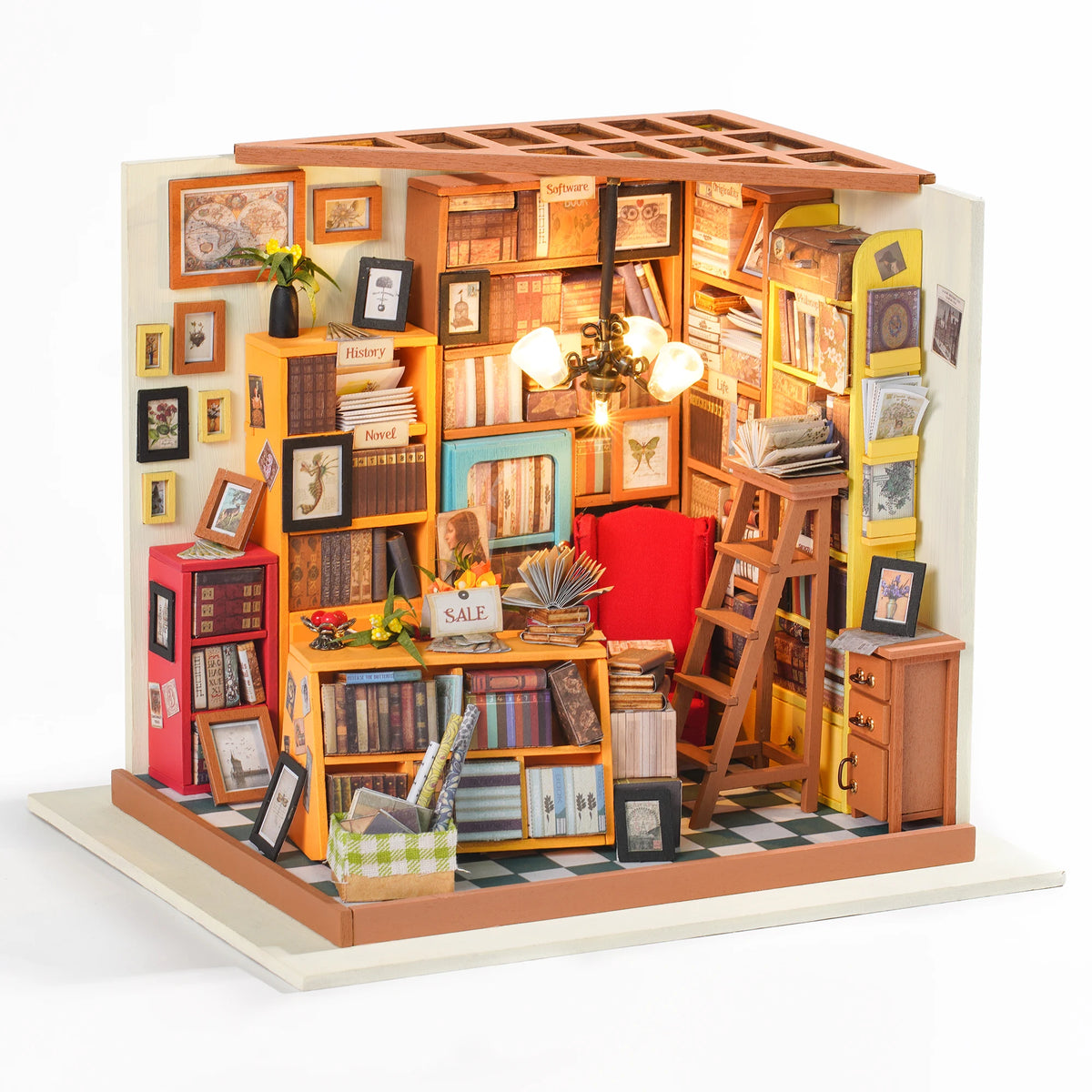 Rolife 3D Wooden Miniature Library Dollhouse Kit With LED Light