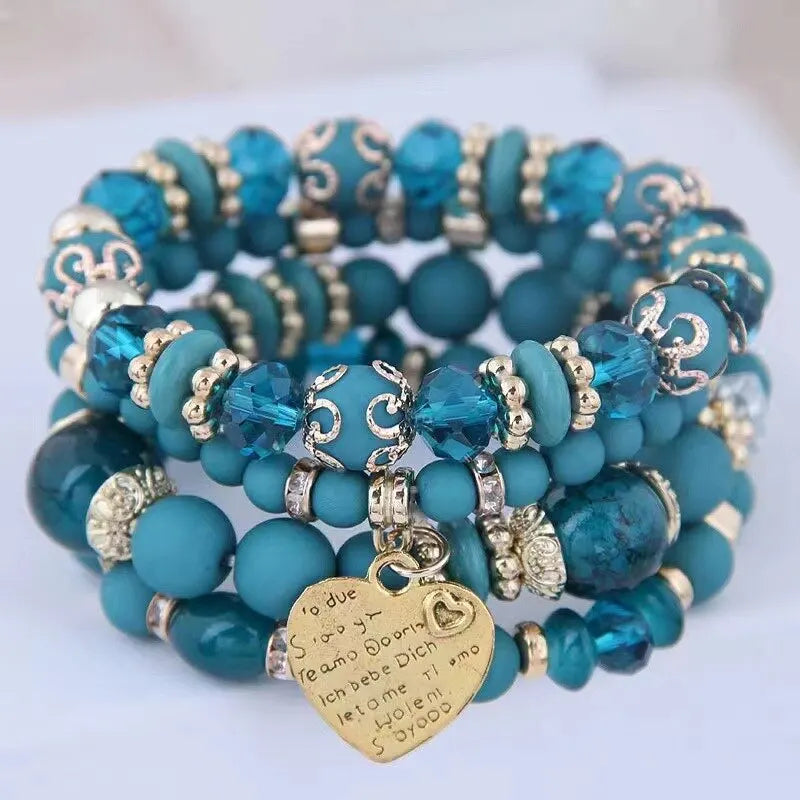 Women Boho Strand Bracelets Crystal Heart Letter Elastic Bangle Jewelry