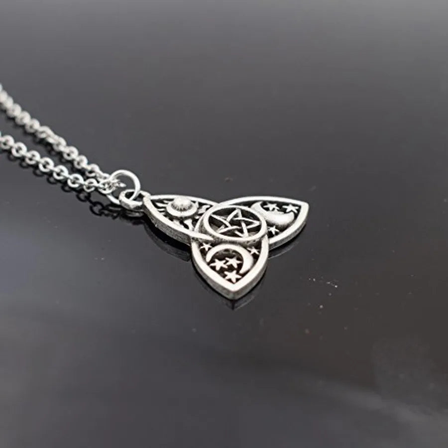 Triple Moon Goddess Triquetra Pentacle Necklace Stainless Steel