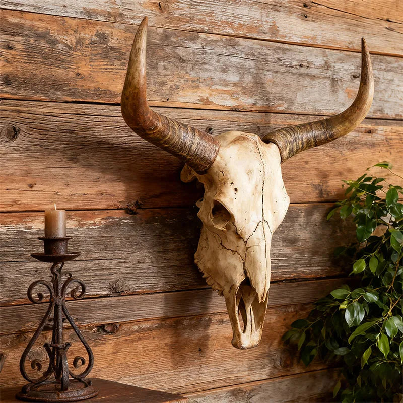 Long Horn Bull Skull Wall Decor Rustic Western Resin Art
