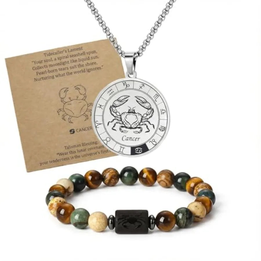 Zodiac Constellation Jewelry Set Stainless Steel Necklace and Stone Bracelet
