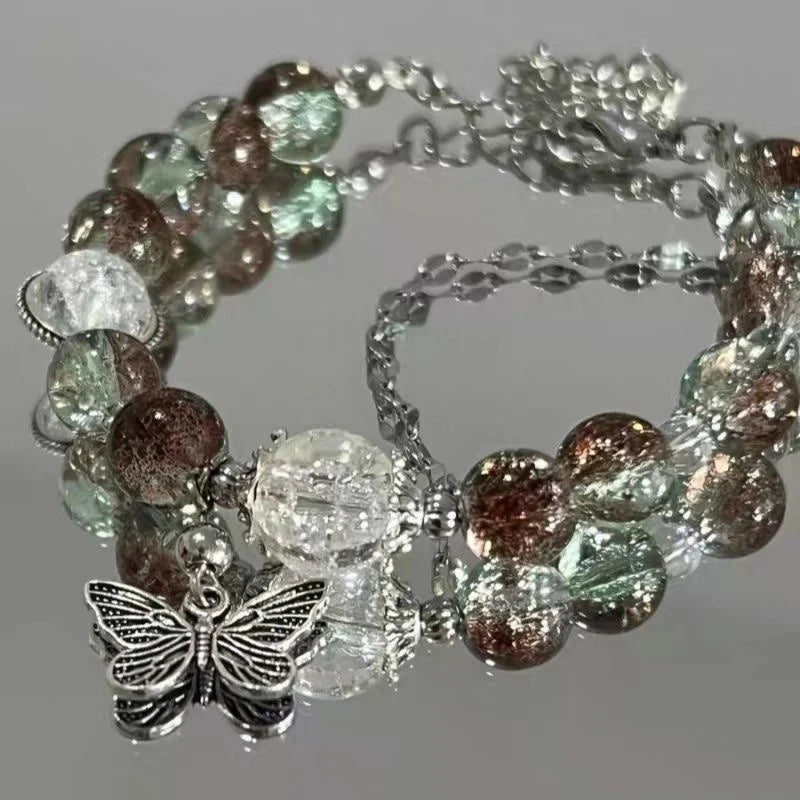 Women Vintage Elastic Beaded Bracelet With Crystal Feather Pendant