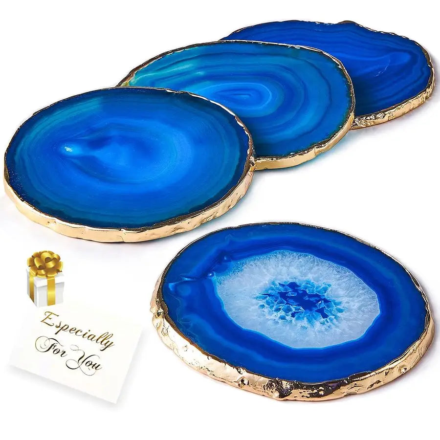 Blue Agate Coasters Set Of 4 With Luxurious Gold Rim