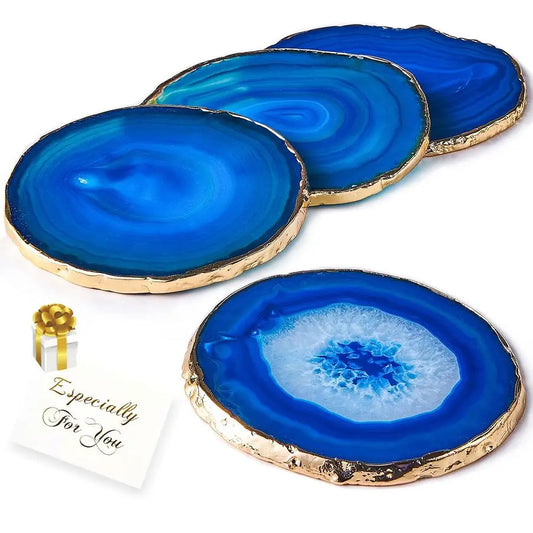 Blue Agate Coasters Set Of 4 With Luxurious Gold Rim