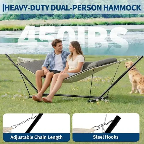 Double Outdoor Hammock For Two With Cushion And Foldable Steel Stand – Portable Heavy Duty