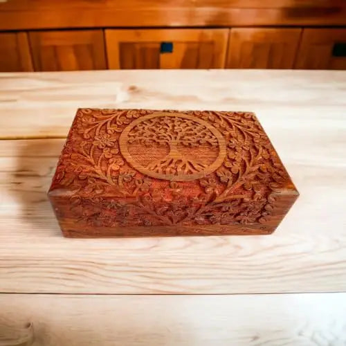 Hand Carved Wooden Jewelry Box With Tree Of Life Design