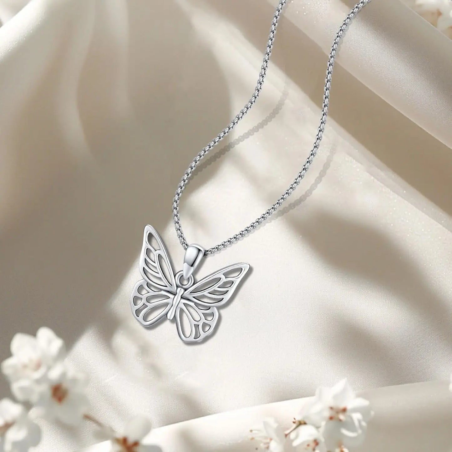 DRINSPER Butterfly Necklace 925 Sterling Silver Dainty Pendant