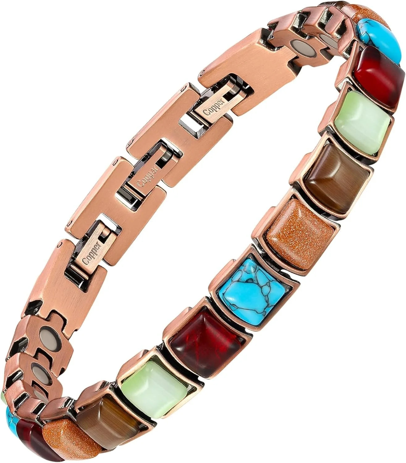 Copper Magnetic Bracelet With Turquoise And Stones Adjustable