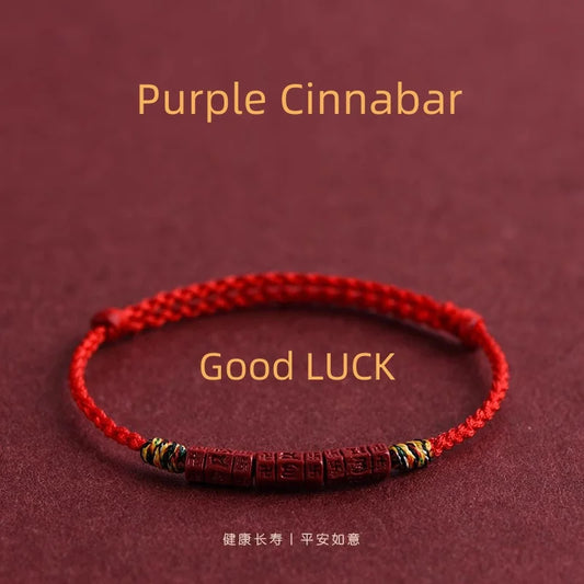 Handmade Natural Cinnabar Beads Bracelet Adjustable Rope Chain