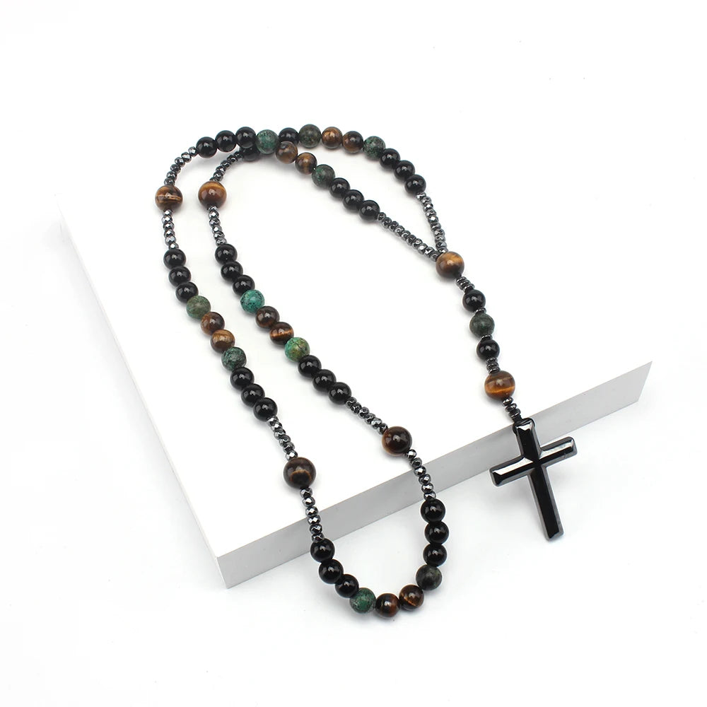 Natural Stone Africa Turquoise And Tiger Eye Beads Cross Necklace