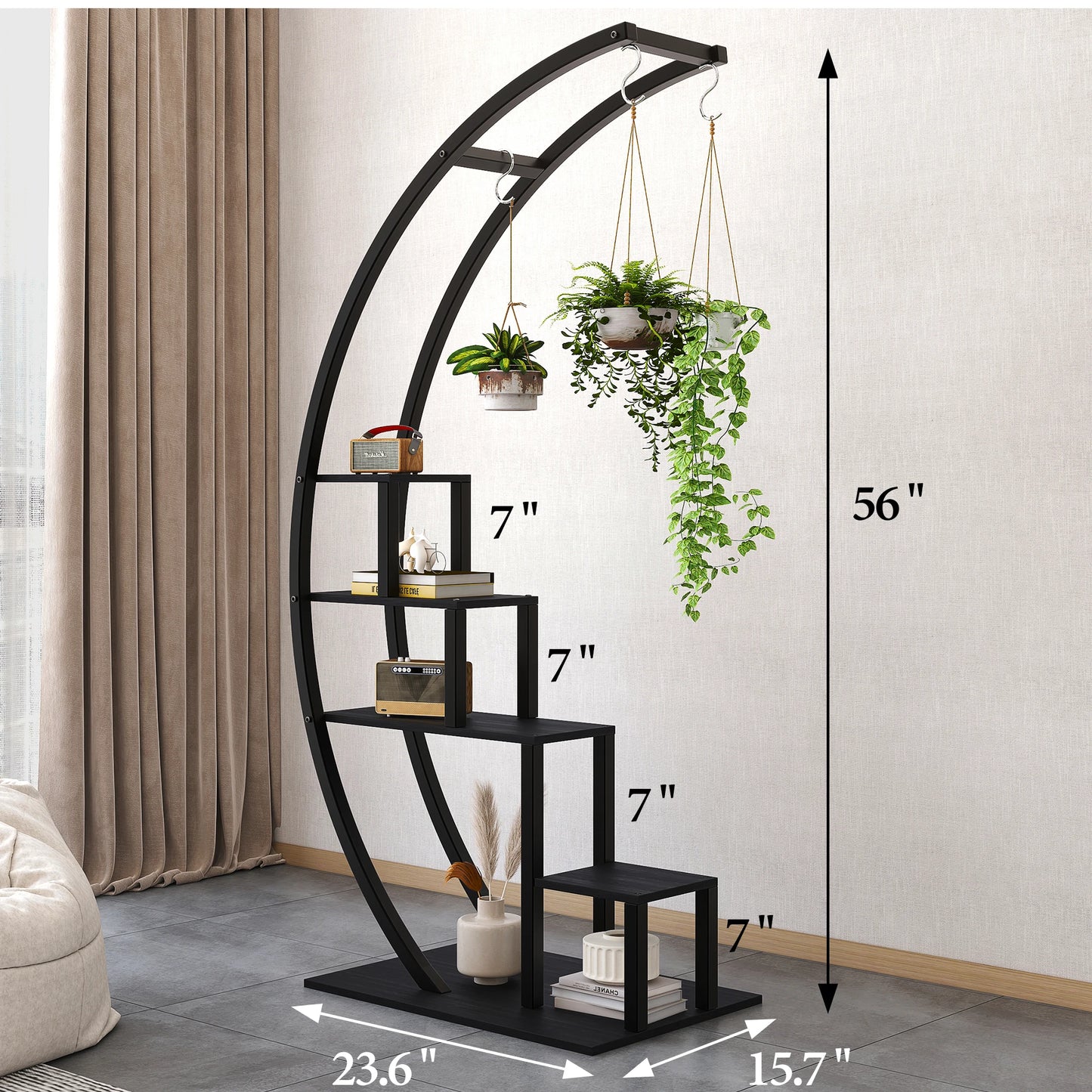 HiMISS 5 Tier Metal Plant Stand Half Moon Indoor Plant Shelf With Hooks