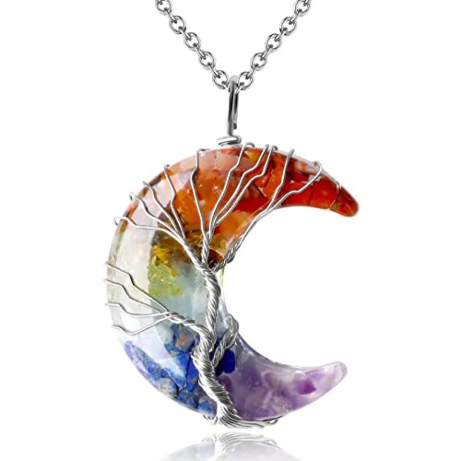 Healing Crystal Tree Life Crescent Moon Wire Wrapped Necklace