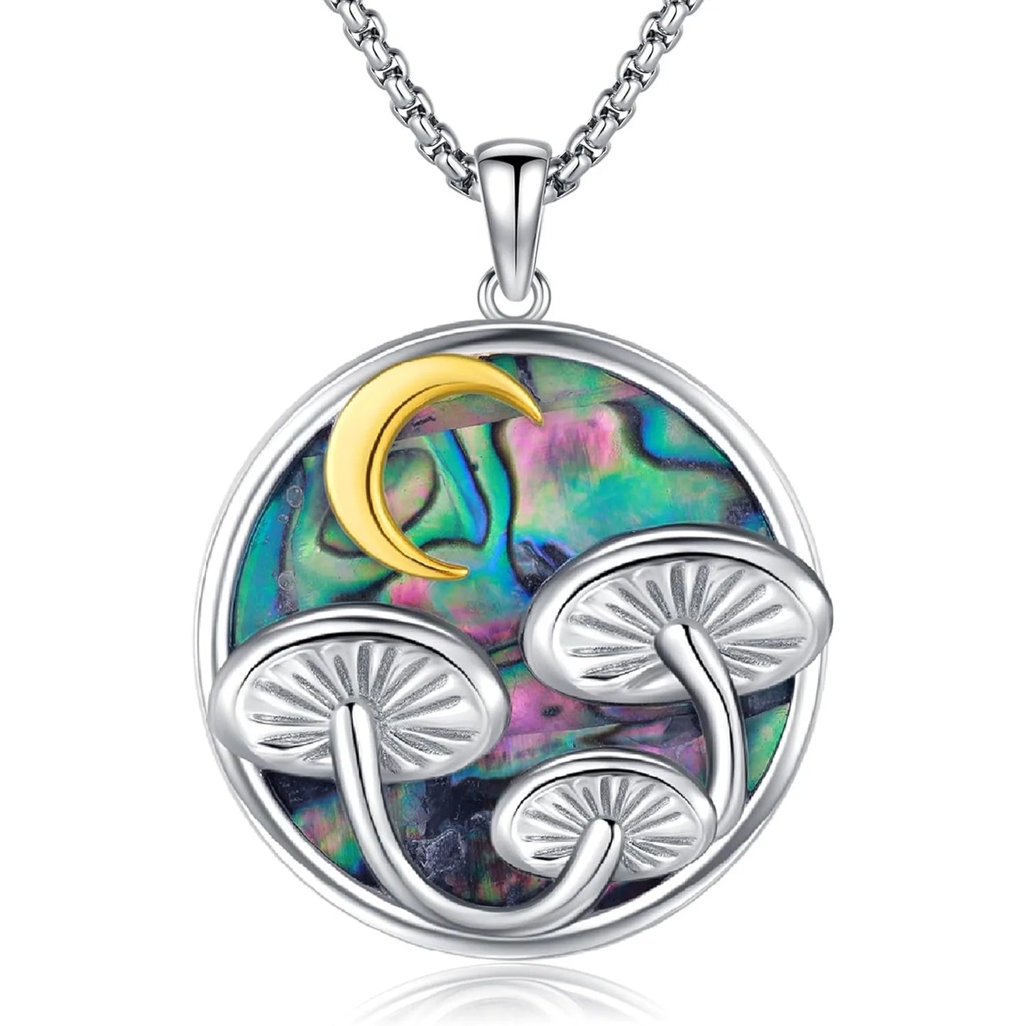 DRINSPER Mushroom Necklace 925 Sterling Silver Abalone Moon Pendant