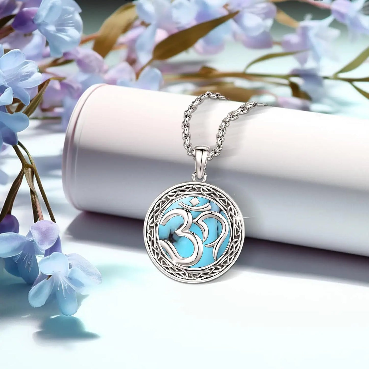 DRINSPER Om Pendant Necklace 925 Sterling Silver Turquoise Amulet Pentagram