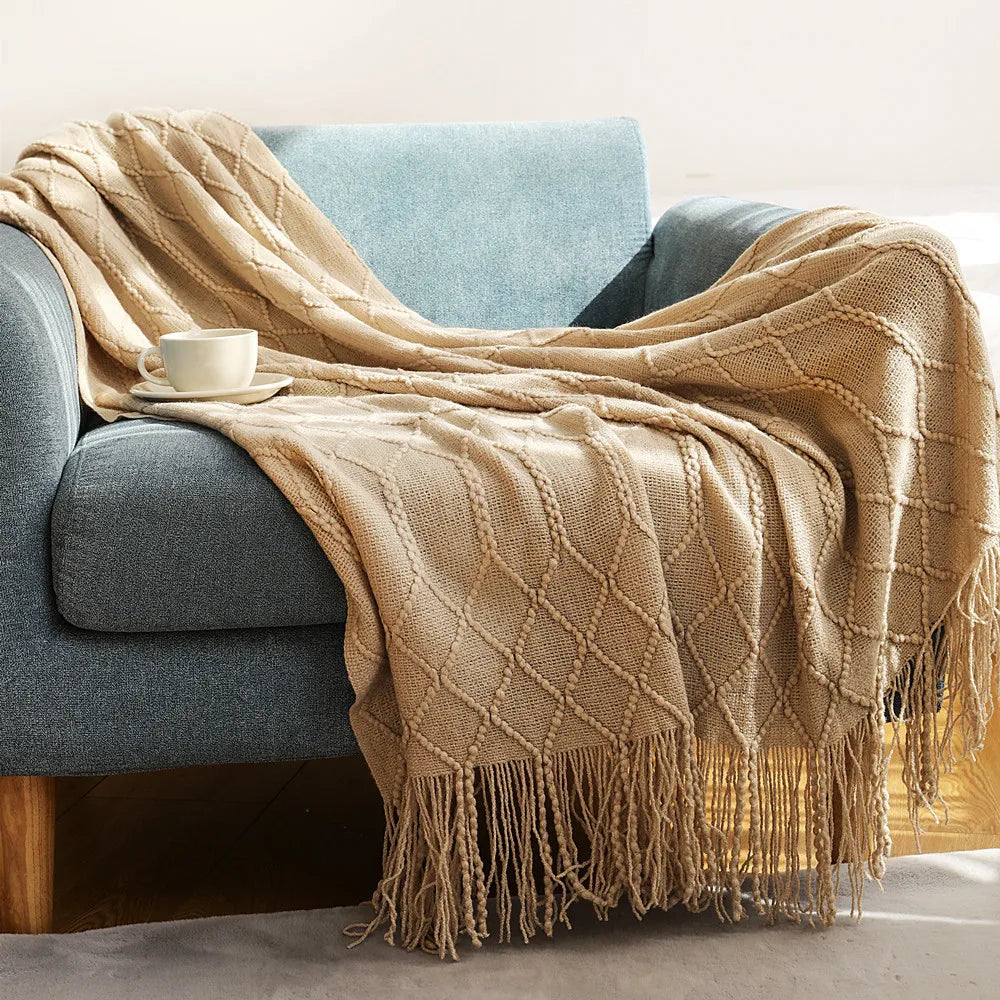 Knit Throw Blanket With Tassels All Acrylic Vintage Farmhouse