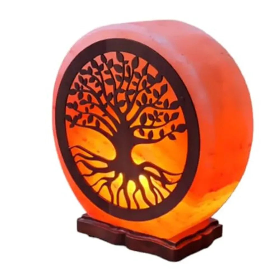 Himalayan Salt Lamp With Tree Of Life Design On Wooden Base