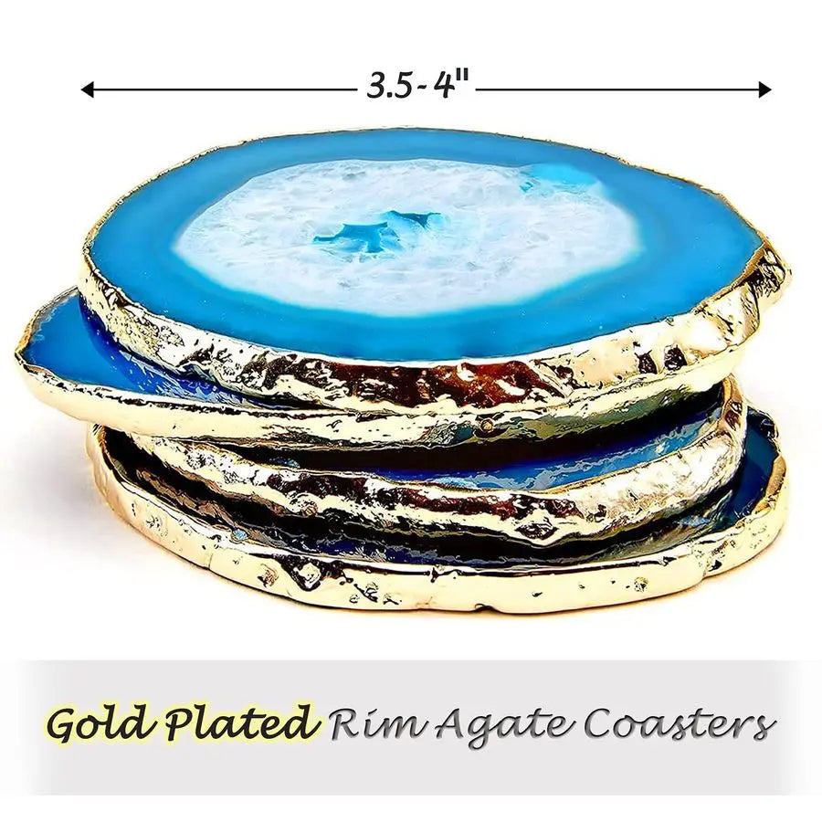 Blue Agate Coasters Set Of 4 With Luxurious Gold Rim
