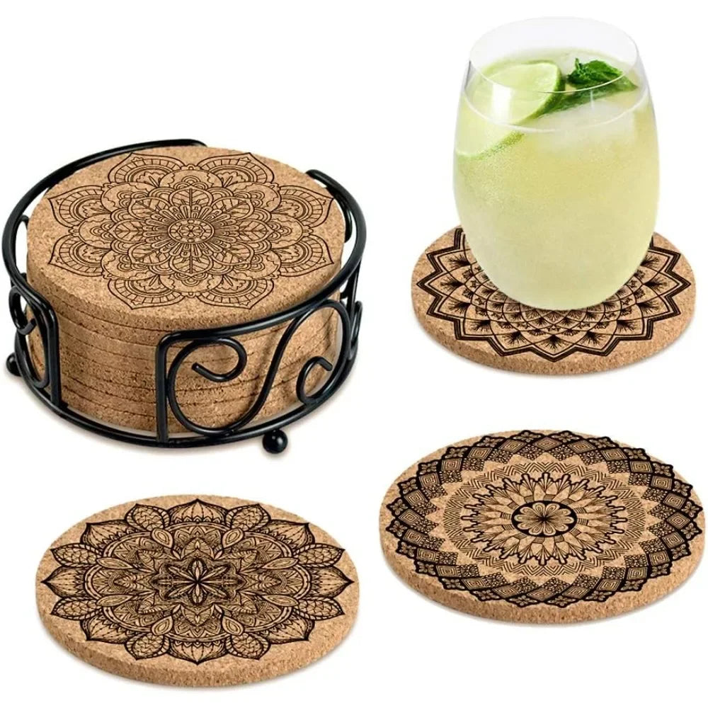 Absorbent Cork Coaster Set With Holder For Drinks Housewarming Gift