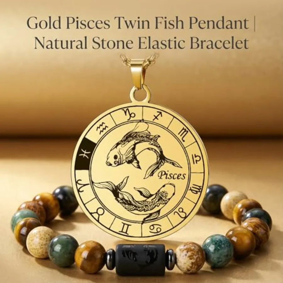 Zodiac Constellation Jewelry Set Stainless Steel Necklace and Stone Bracelet