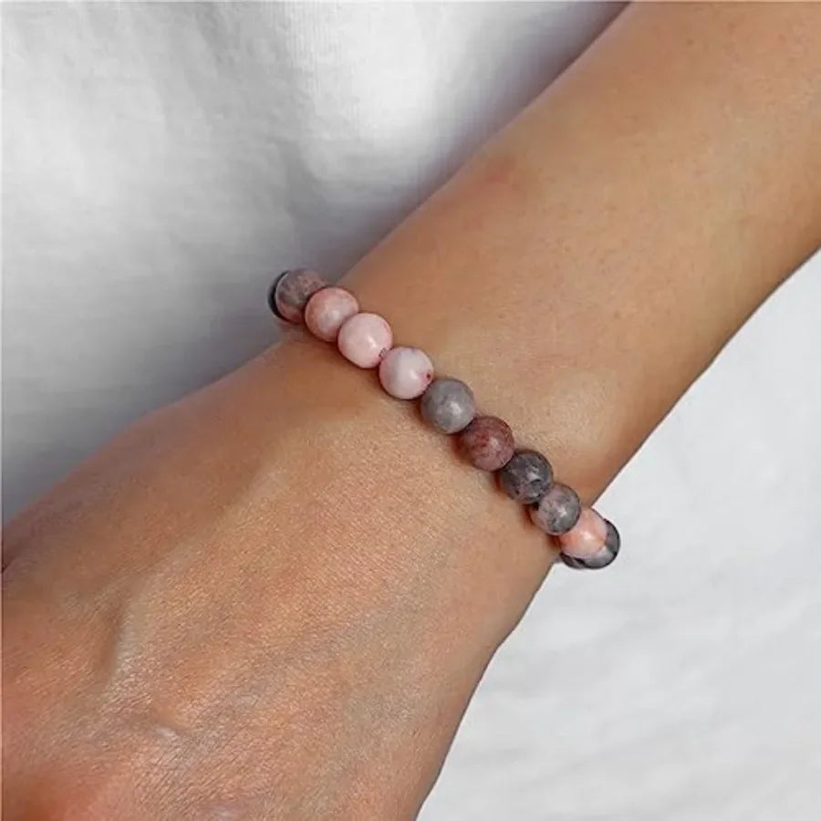 Healing Crystal Bracelets Set Pink Zebra Jasper, Rhodochrosite, and Rhodonite Stone Beaded Unisex Stretch