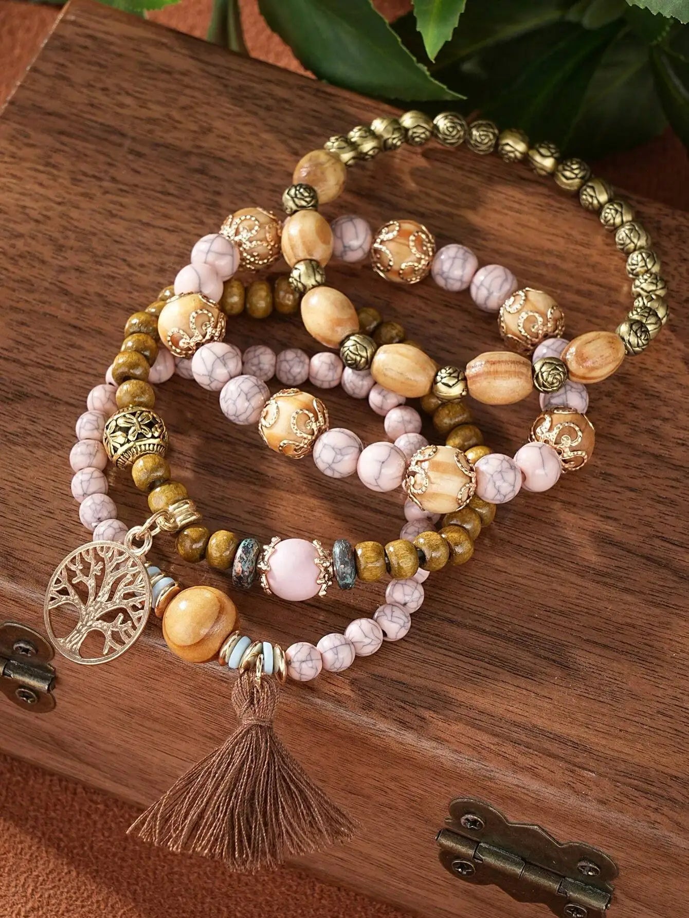 4pcs/Set Boho Style Life Tree Tassel Pendant Multi-Layer Wooden Beads Bracelet