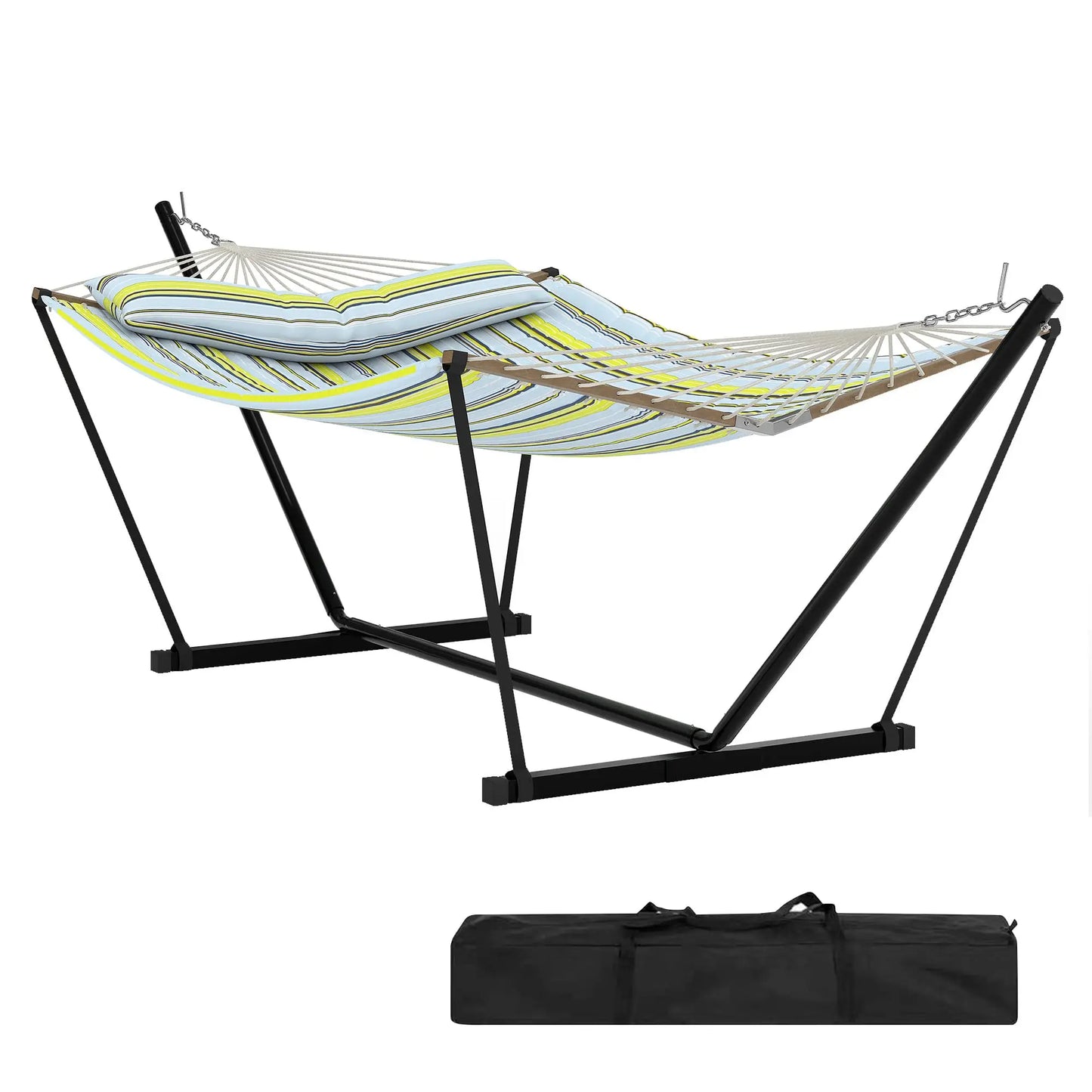 Double Outdoor Hammock For Two With Cushion And Foldable Steel Stand – Portable Heavy Duty