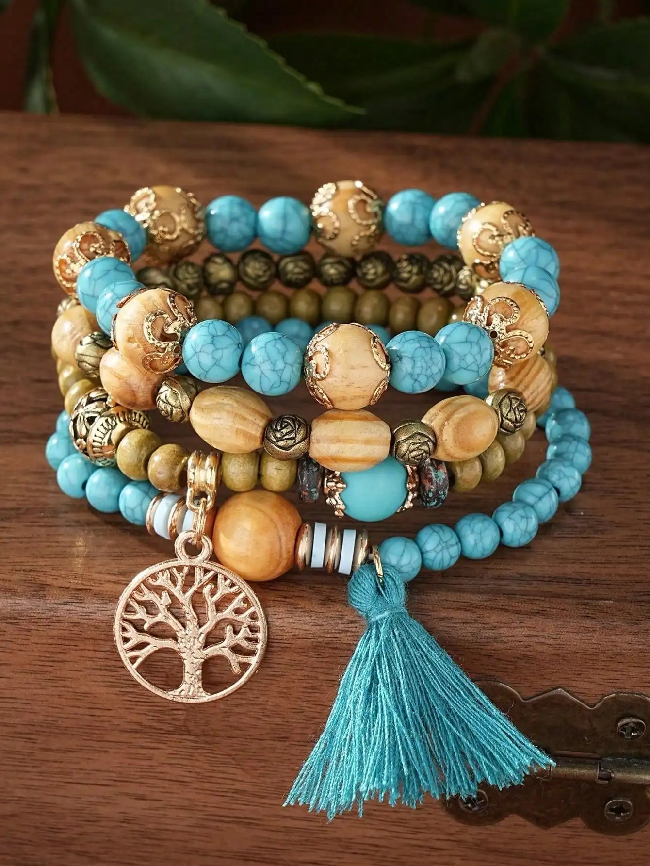 4pcs/Set Boho Style Life Tree Tassel Pendant Multi-Layer Wooden Beads Bracelet