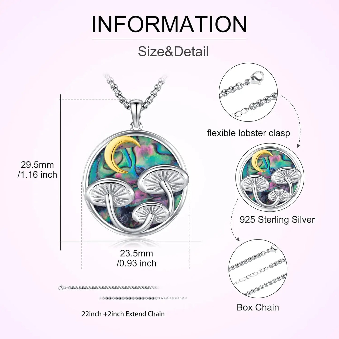 DRINSPER Mushroom Necklace 925 Sterling Silver Abalone Moon Pendant